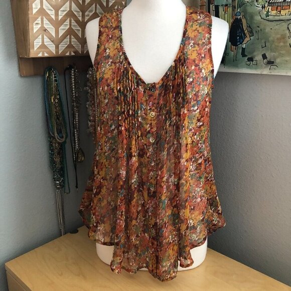 American Rag Cie Orange Red Floral Pleated Cami Tank Top - Picture 2 of 10